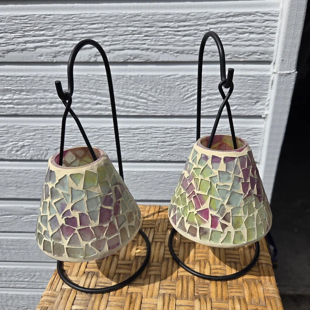 Mosaic Stained Glass Hanging Candle Holders - Multicolor - Set Of 2